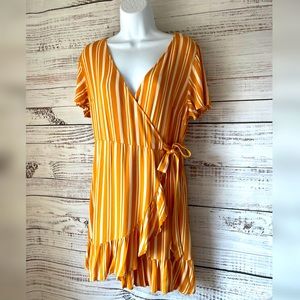 Mustard Yellow & White Striped Wrap Dress